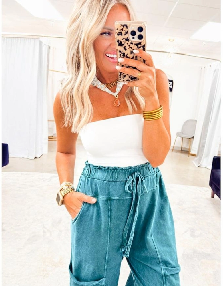 Lapis Mineral Wash Lace-up High Waist Raw Hem Patched Pocket Pants