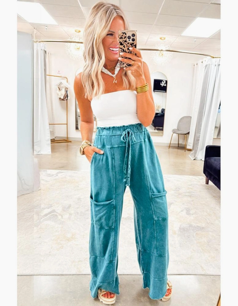 Lapis Mineral Wash Lace-up High Waist Raw Hem Patched Pocket Pants