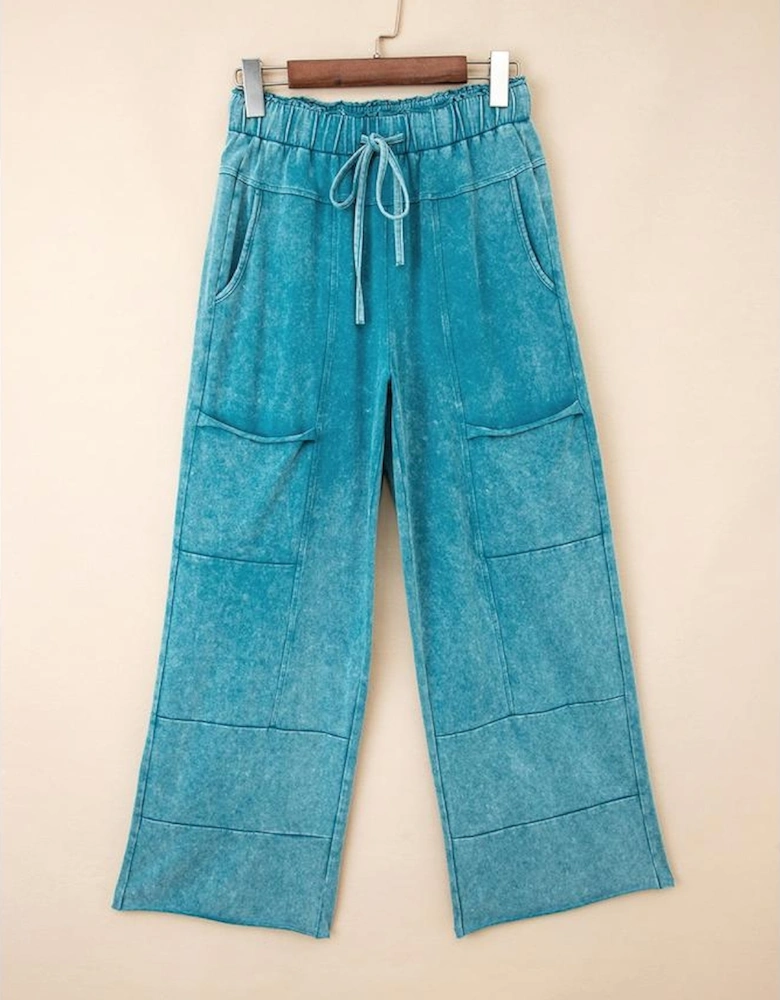 Lapis Mineral Wash Lace-up High Waist Raw Hem Patched Pocket Pants