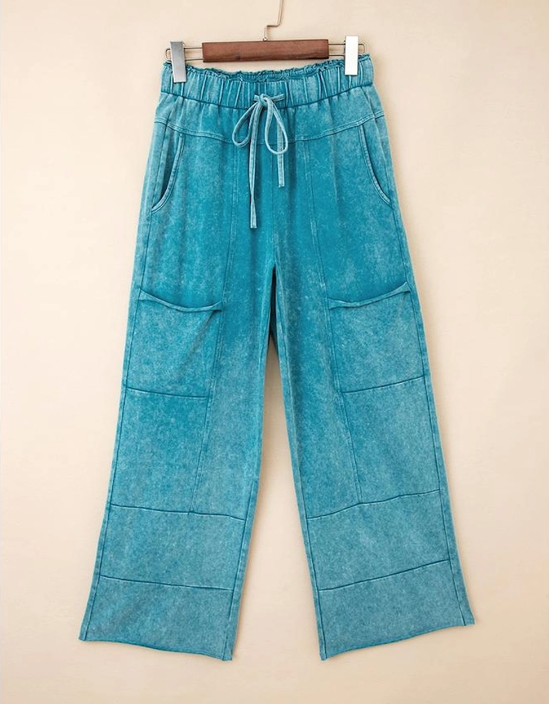 Lapis Mineral Wash Lace-up High Waist Raw Hem Patched Pocket Pants