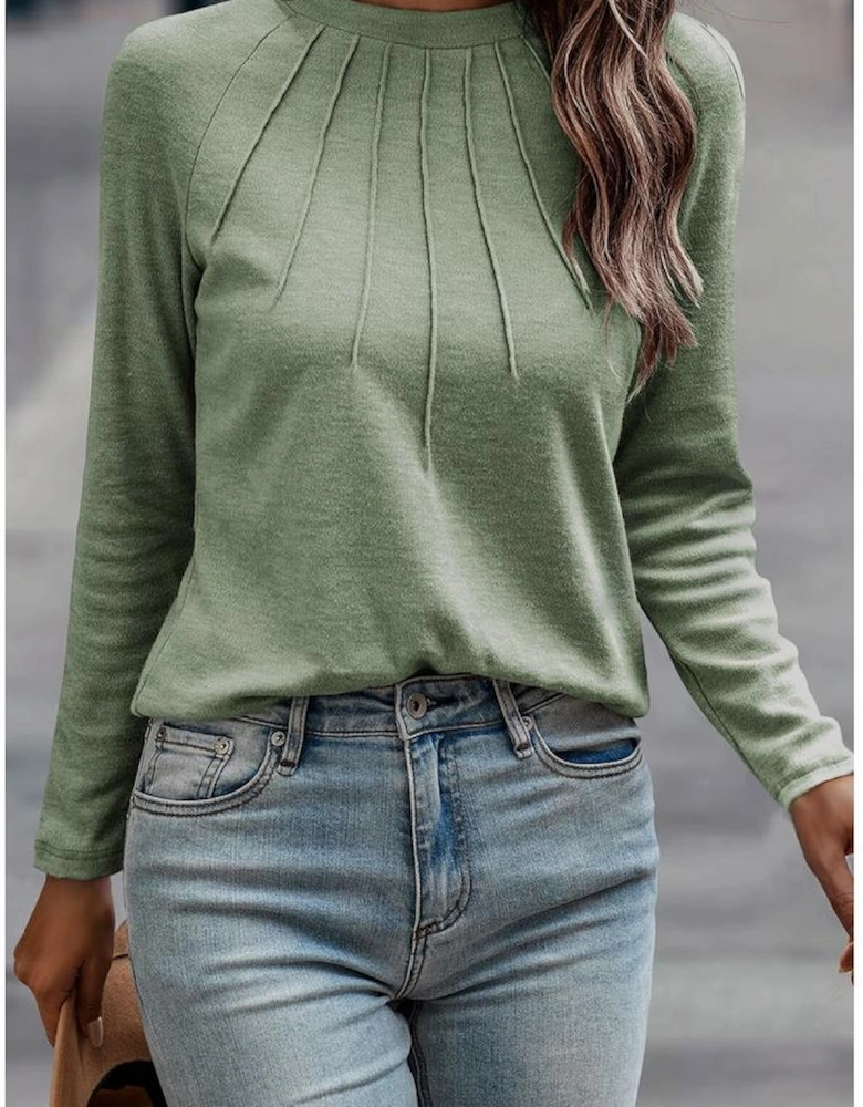 Laurel Green Solid Color Seam Detail Raglan Long Sleeve Top