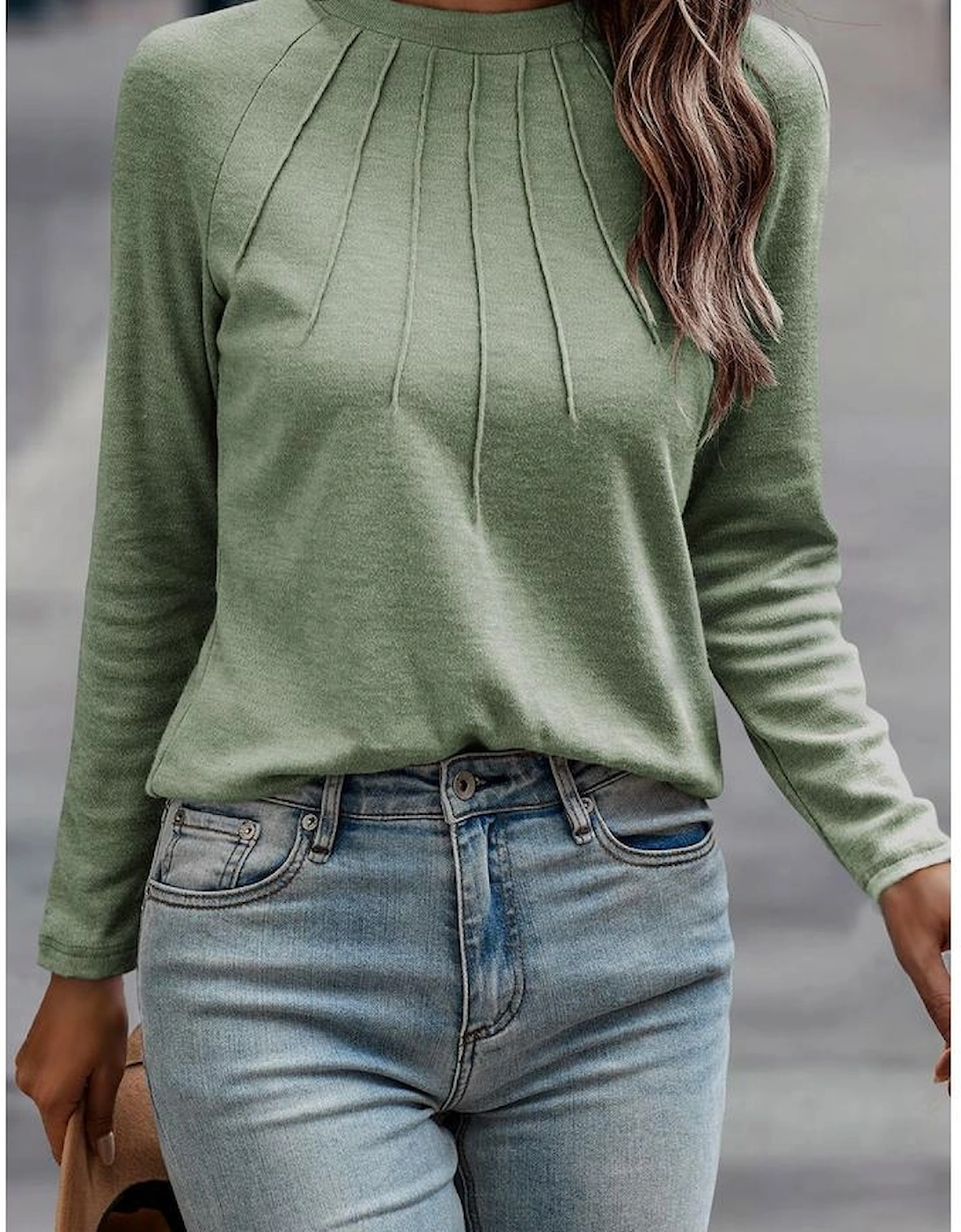Laurel Green Solid Color Seam Detail Raglan Long Sleeve Top
