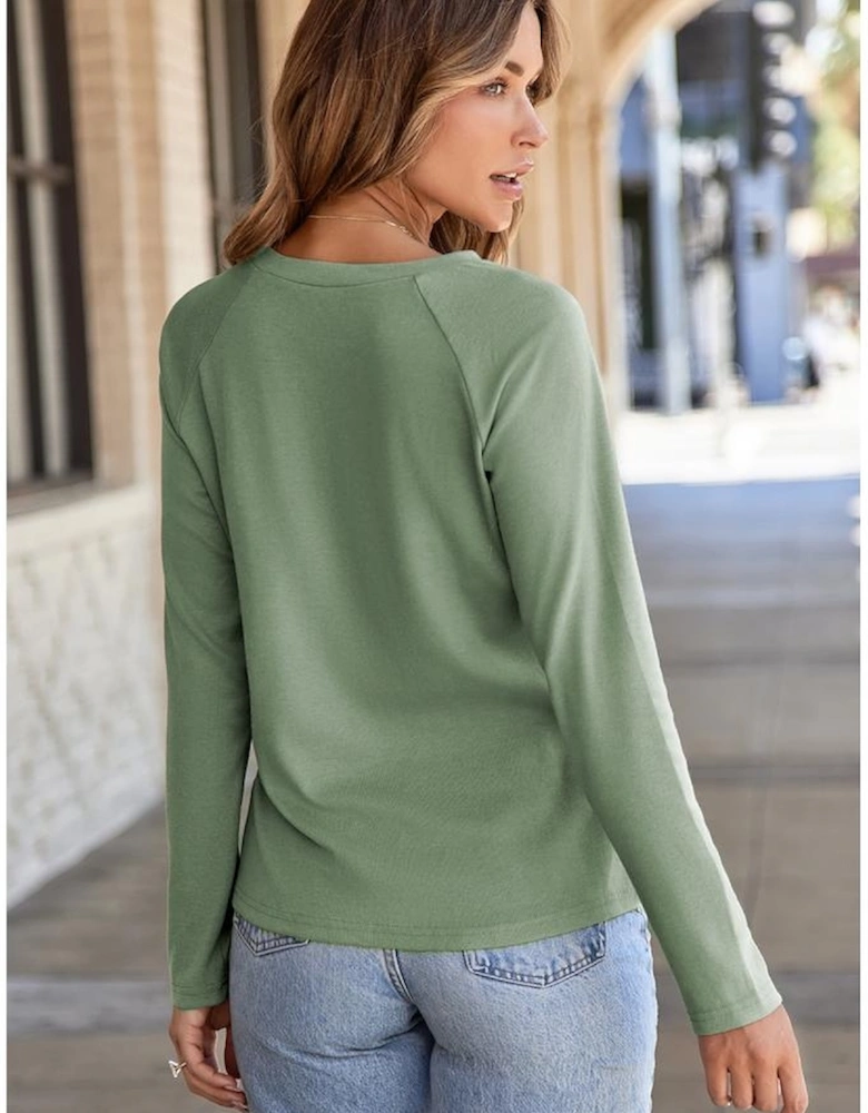 Laurel Green Solid Color Seam Detail Raglan Long Sleeve Top