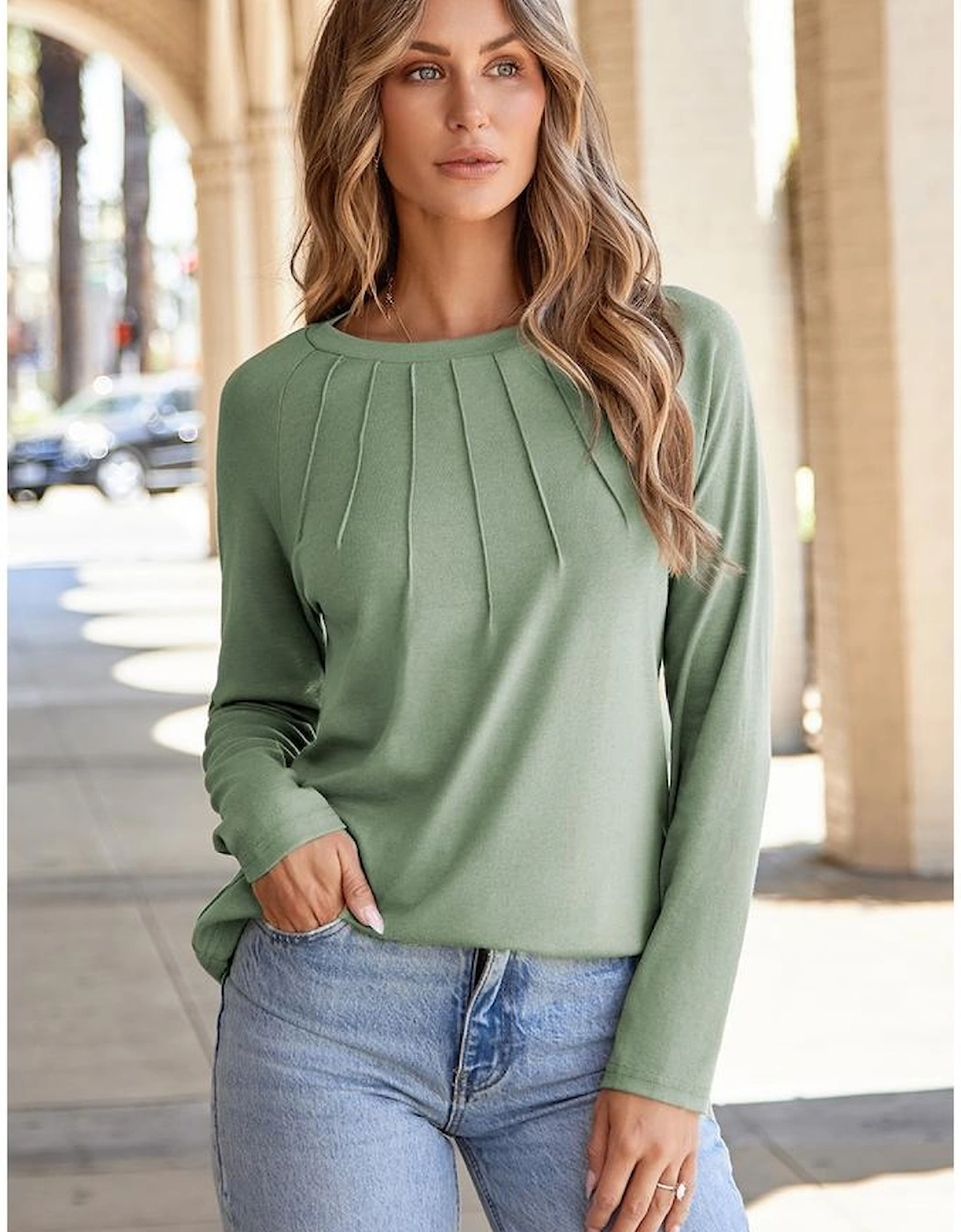 Laurel Green Solid Color Seam Detail Raglan Long Sleeve Top