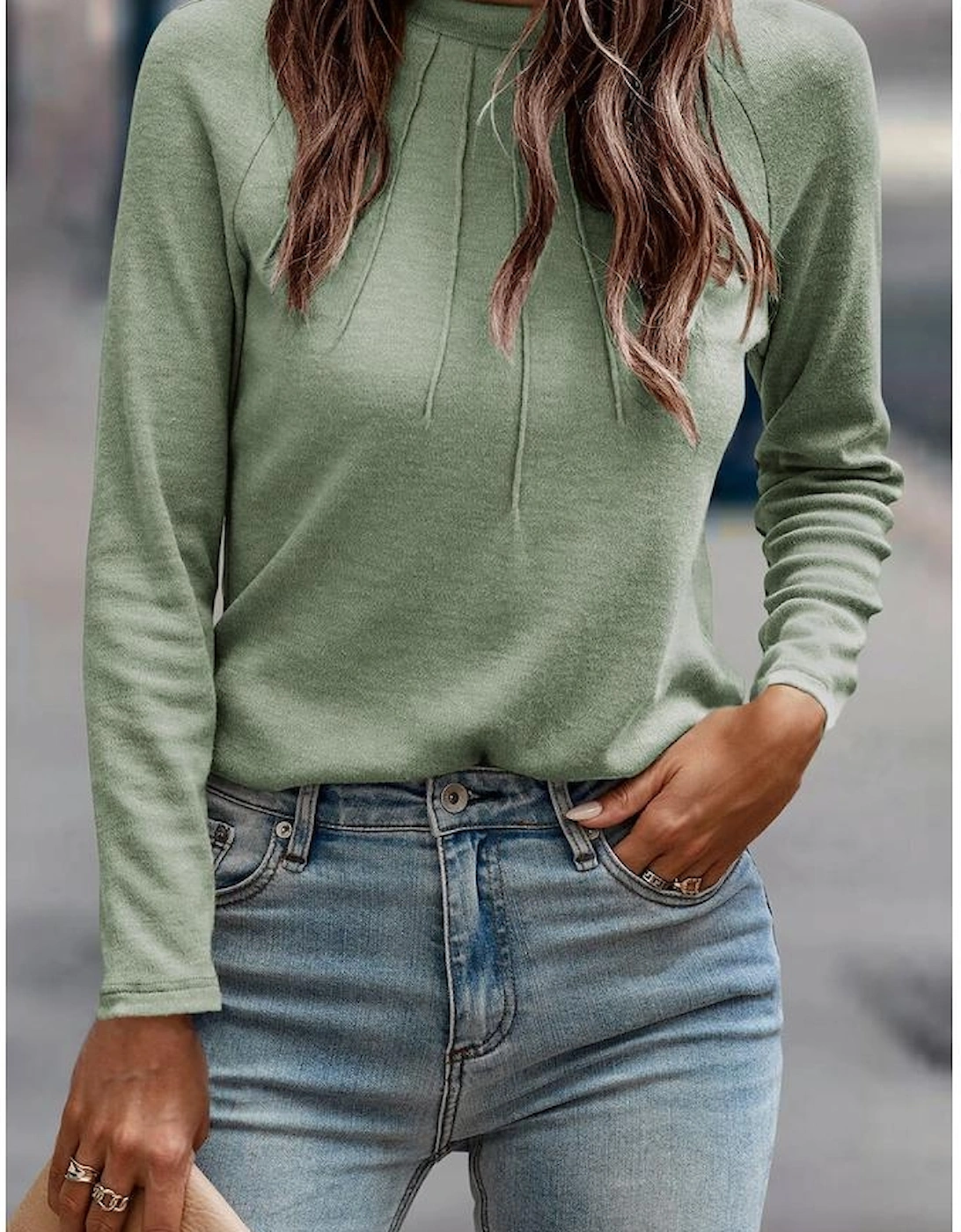 Laurel Green Solid Color Seam Detail Raglan Long Sleeve Top