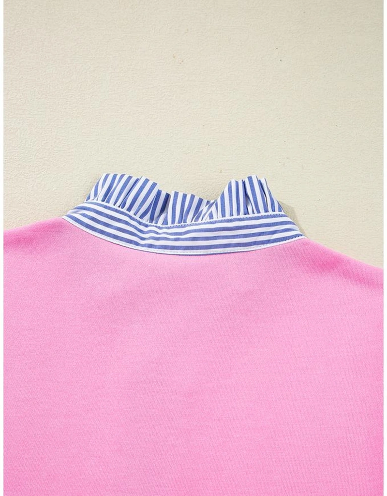 Pink Contrast Striped Collar Patchwork Puff Sleeve Ruffle Hem Mini Dress