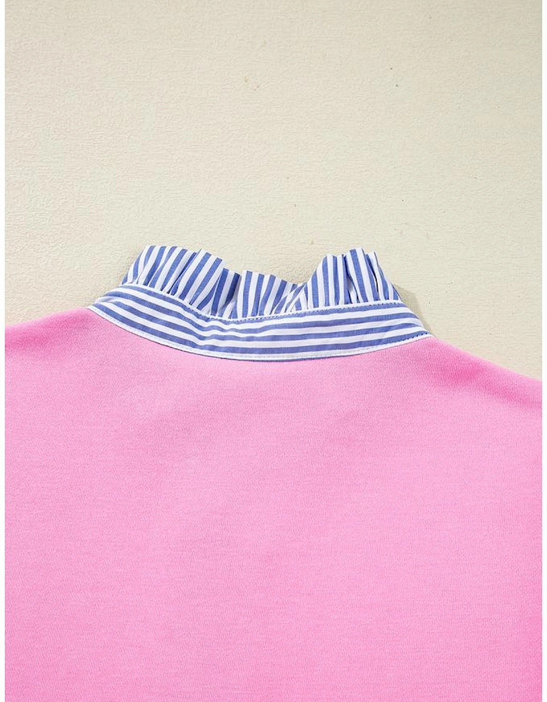 Pink Contrast Striped Collar Patchwork Puff Sleeve Ruffle Hem Mini Dress