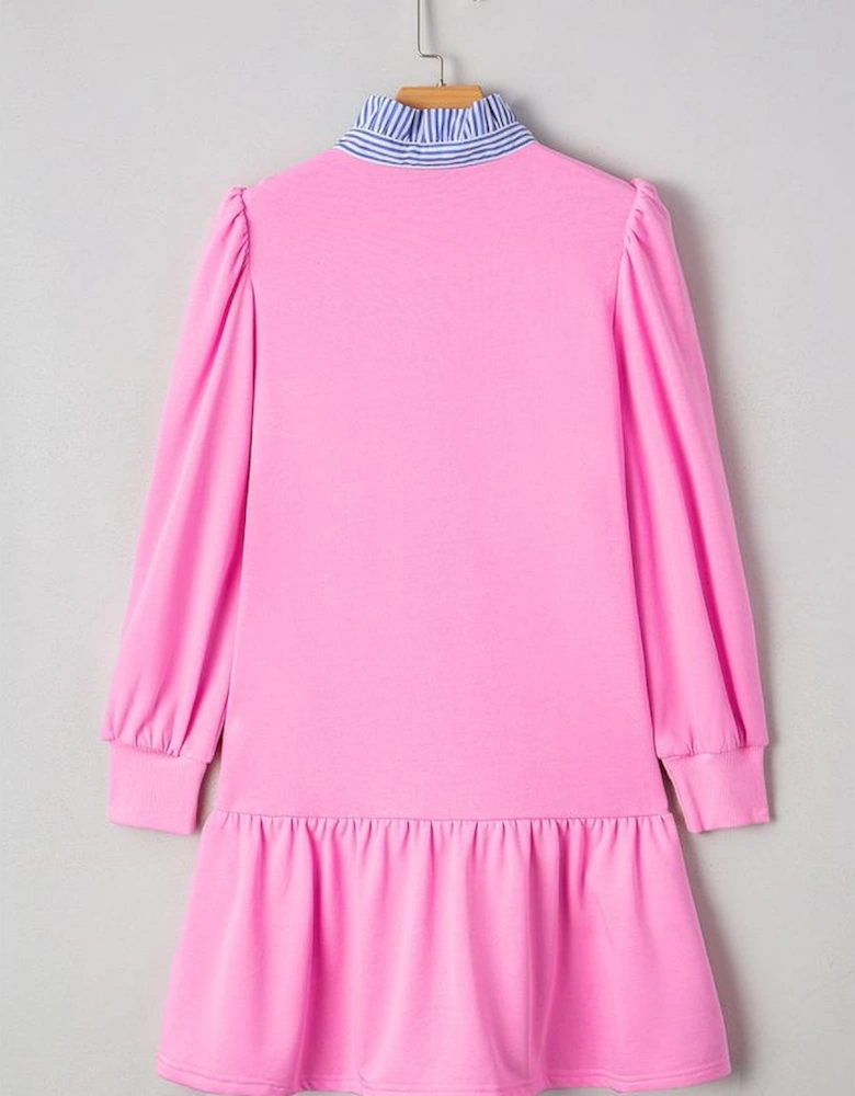 Pink Contrast Striped Collar Patchwork Puff Sleeve Ruffle Hem Mini Dress