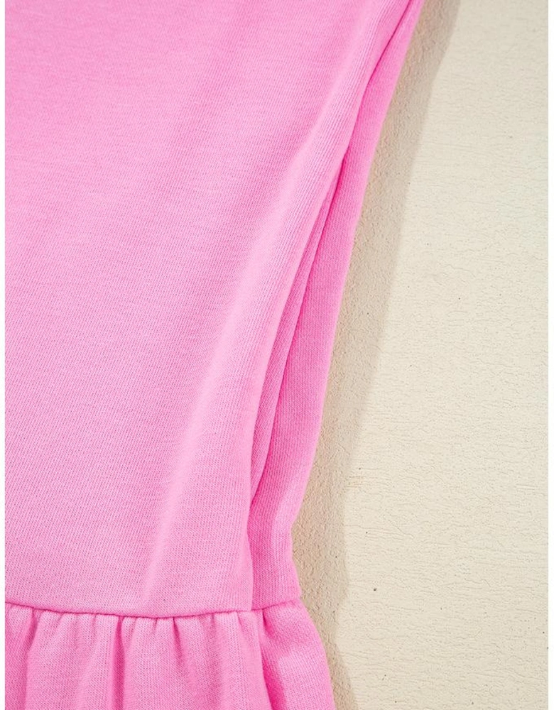 Pink Contrast Striped Collar Patchwork Puff Sleeve Ruffle Hem Mini Dress