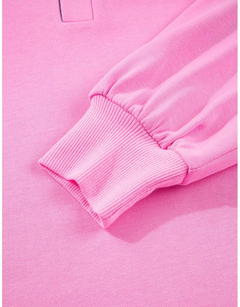 Pink Contrast Striped Collar Patchwork Puff Sleeve Ruffle Hem Mini Dress