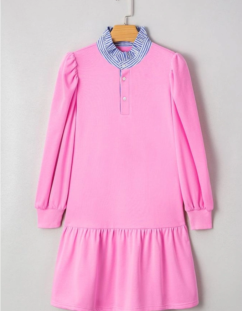 Pink Contrast Striped Collar Patchwork Puff Sleeve Ruffle Hem Mini Dress