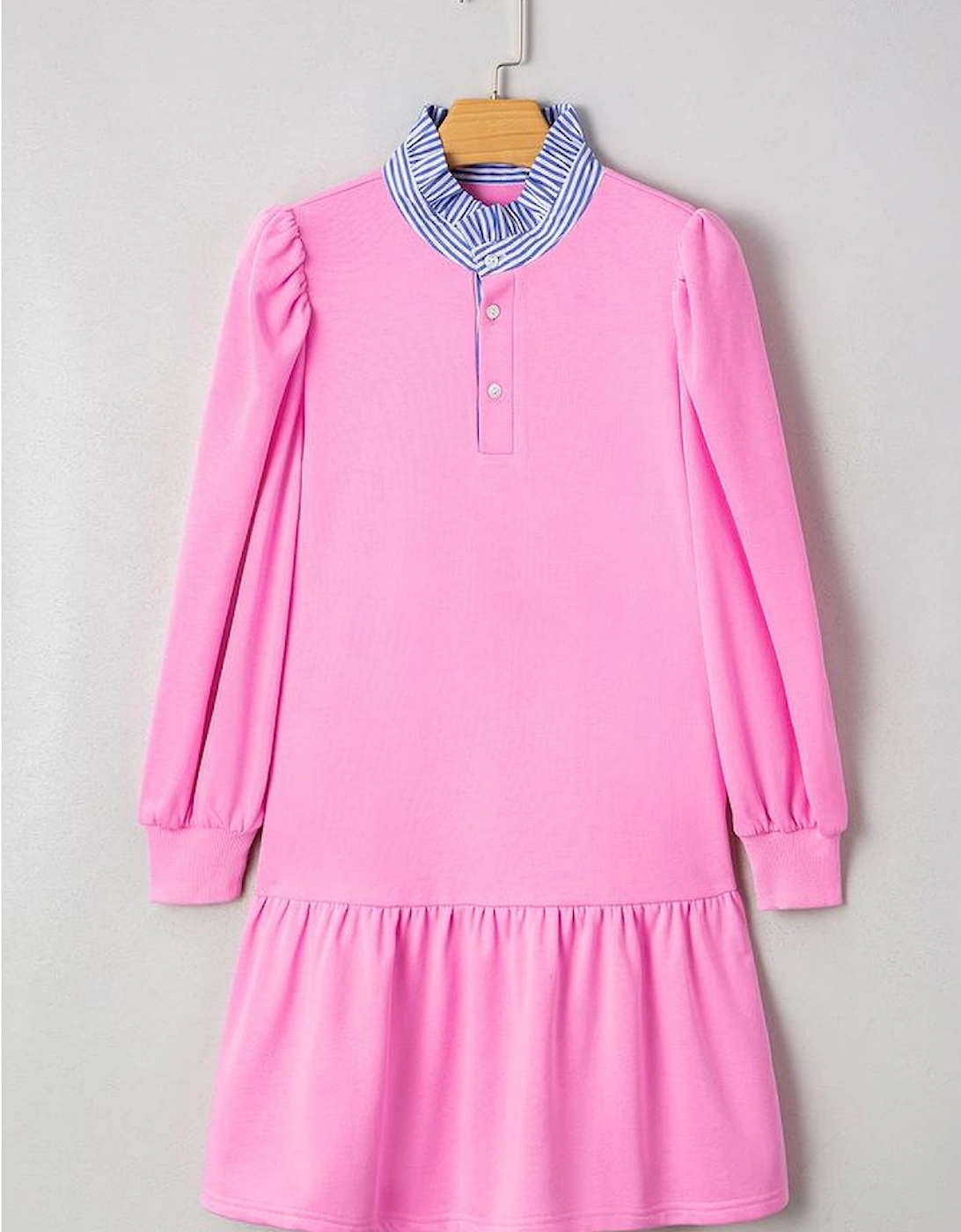 Pink Contrast Striped Collar Patchwork Puff Sleeve Ruffle Hem Mini Dress