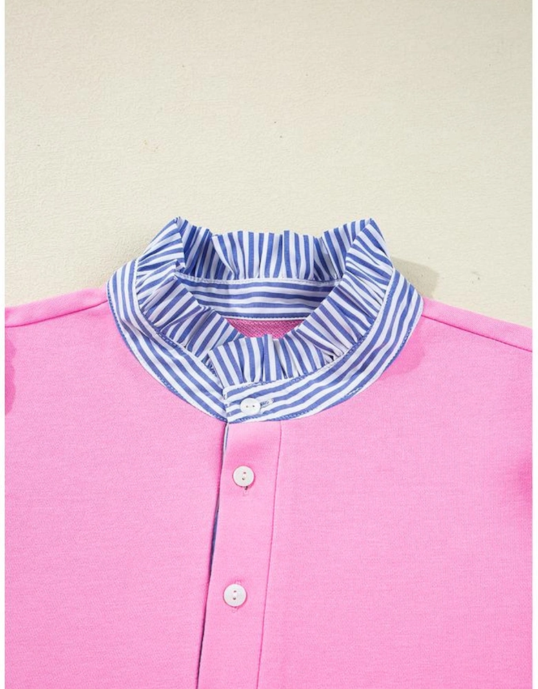Pink Contrast Striped Collar Patchwork Puff Sleeve Ruffle Hem Mini Dress