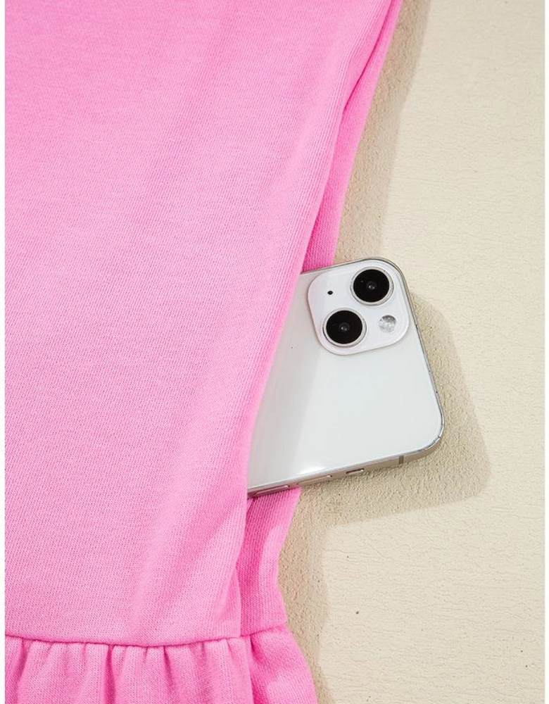 Pink Contrast Striped Collar Patchwork Puff Sleeve Ruffle Hem Mini Dress