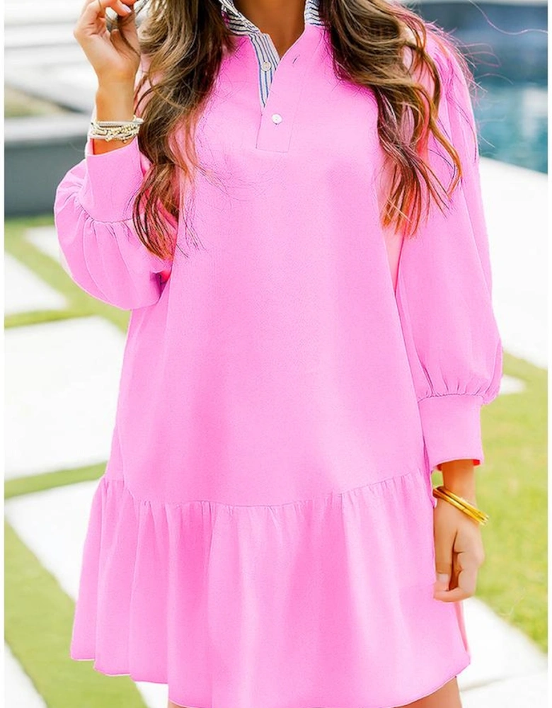 Pink Contrast Striped Collar Patchwork Puff Sleeve Ruffle Hem Mini Dress