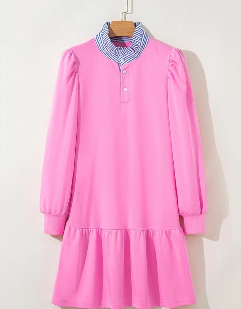 Pink Contrast Striped Collar Patchwork Puff Sleeve Ruffle Hem Mini Dress