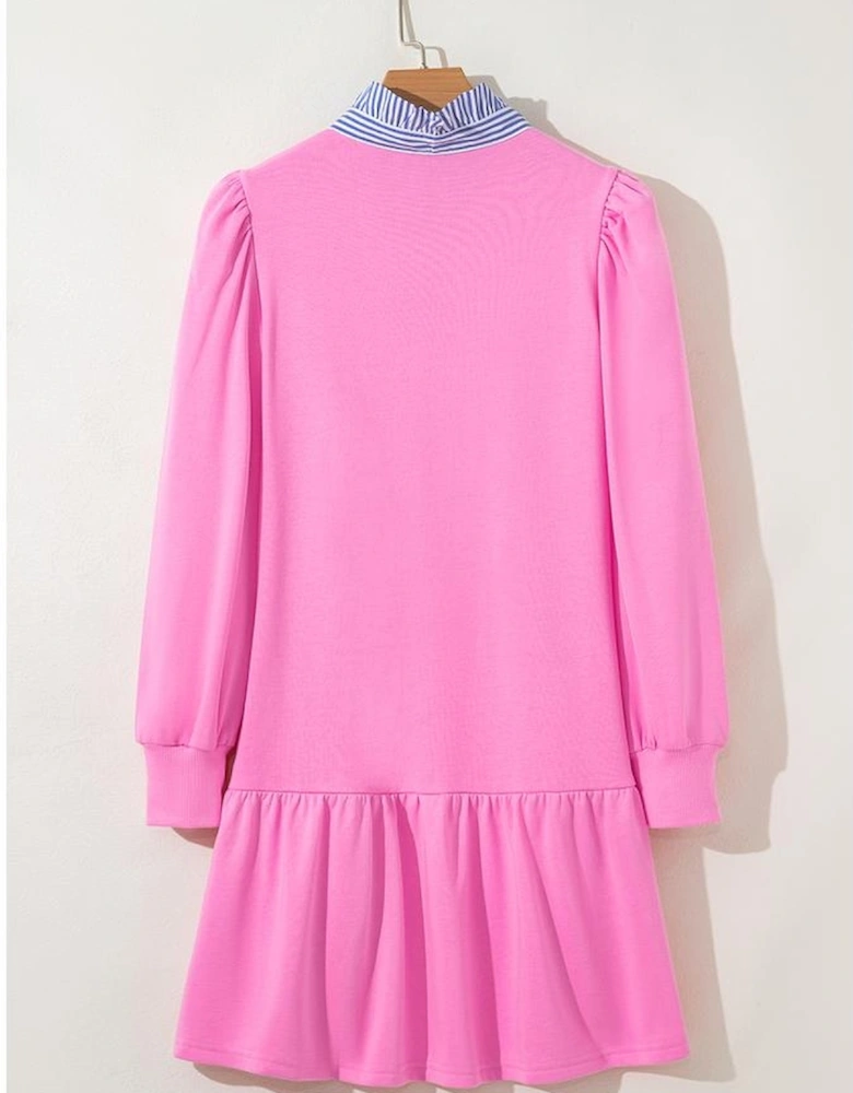 Pink Contrast Striped Collar Patchwork Puff Sleeve Ruffle Hem Mini Dress