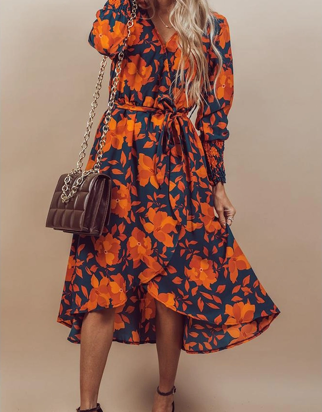 Orange Floral Print Faux Wrap Belted Dress, 5 of 4