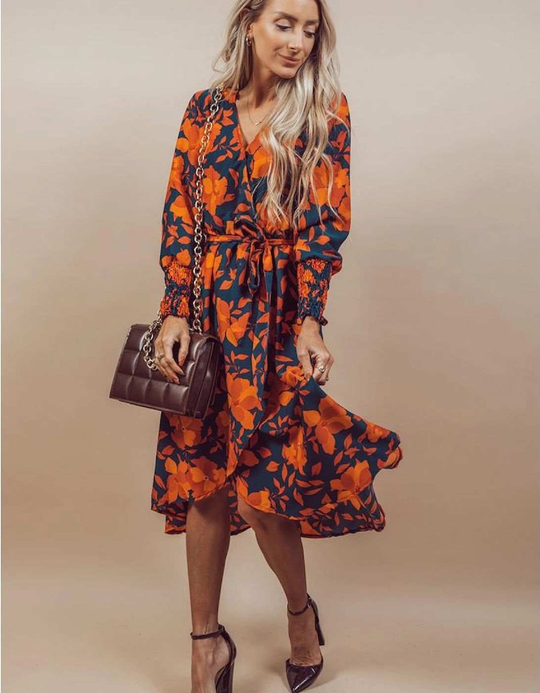 Orange Floral Print Faux Wrap Belted Dress