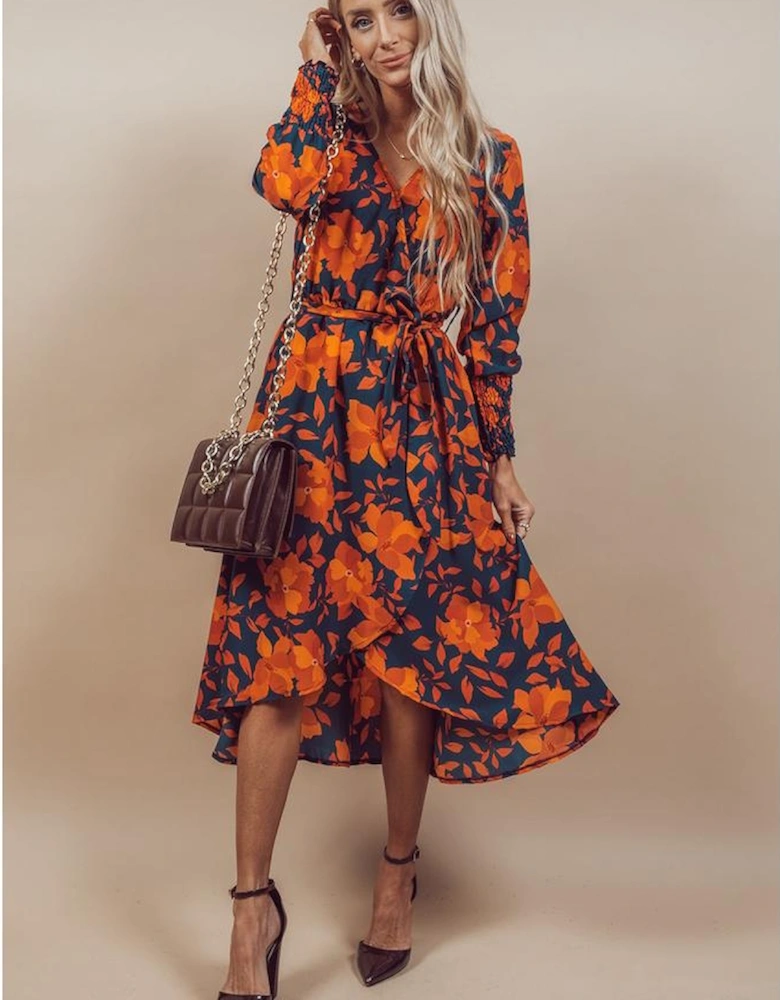 Orange Floral Print Faux Wrap Belted Dress