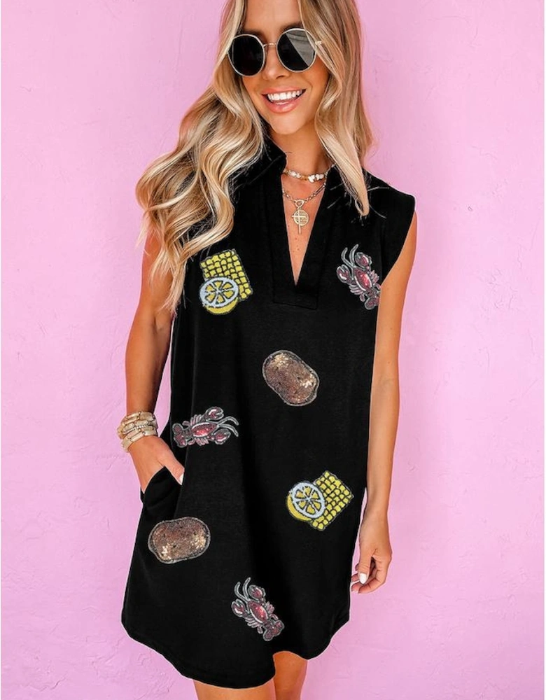 Black Sequin Patched V Neck Collared Mini Dress