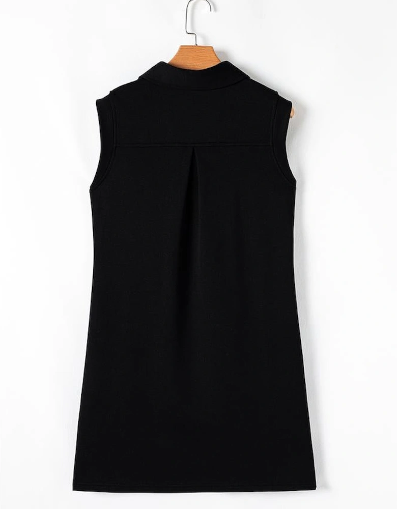 Black Sequin Patched V Neck Collared Mini Dress