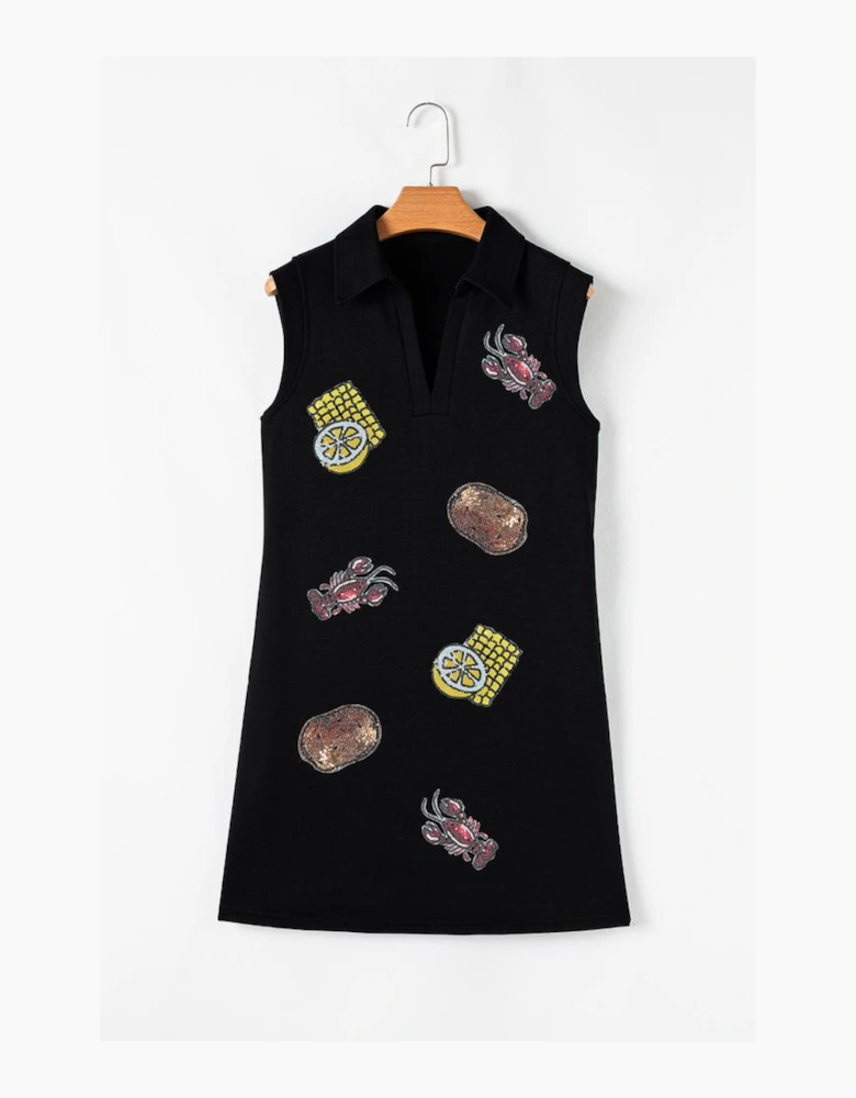 Black Sequin Patched V Neck Collared Mini Dress