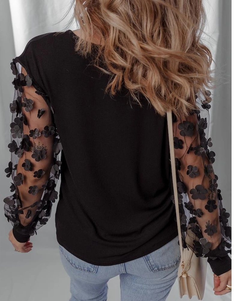 Black Flower Applique Mesh Long Sleeve V Neck Blouse