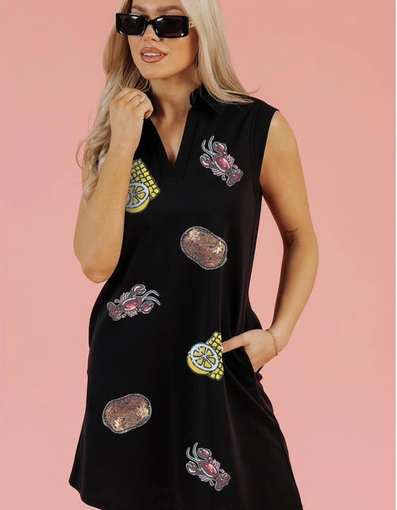 Black Sequin Patched V Neck Collared Mini Dress