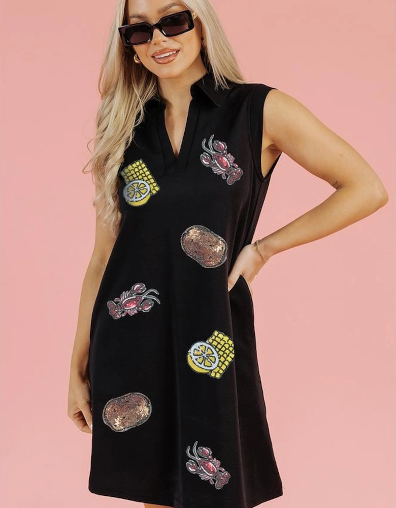 Black Sequin Patched V Neck Collared Mini Dress