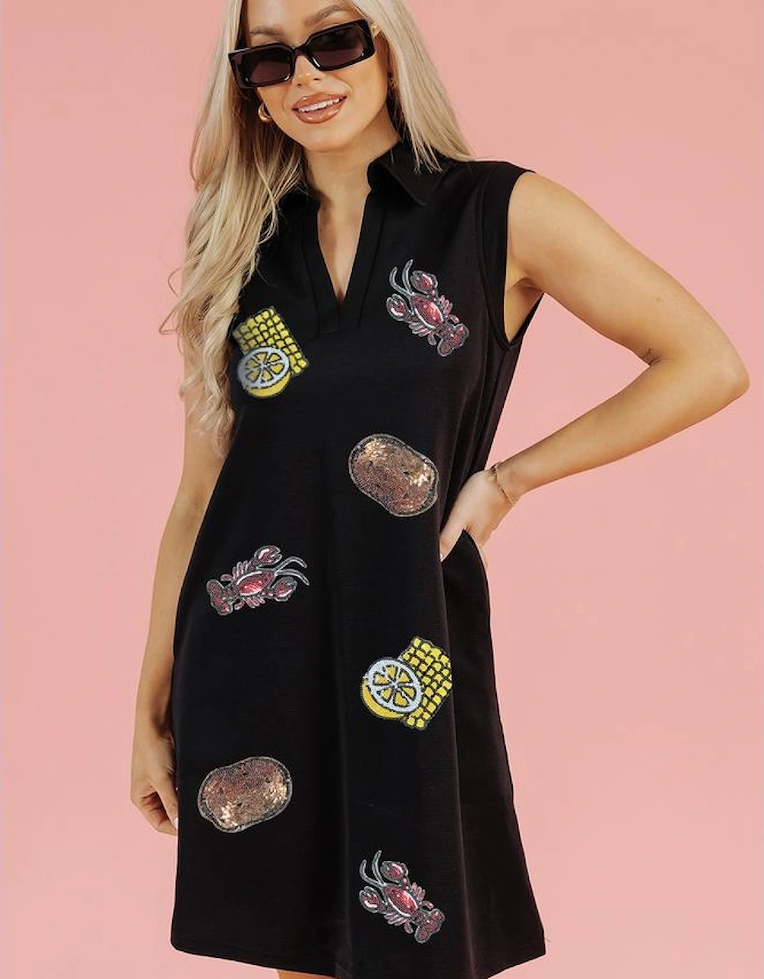 Black Sequin Patched V Neck Collared Mini Dress