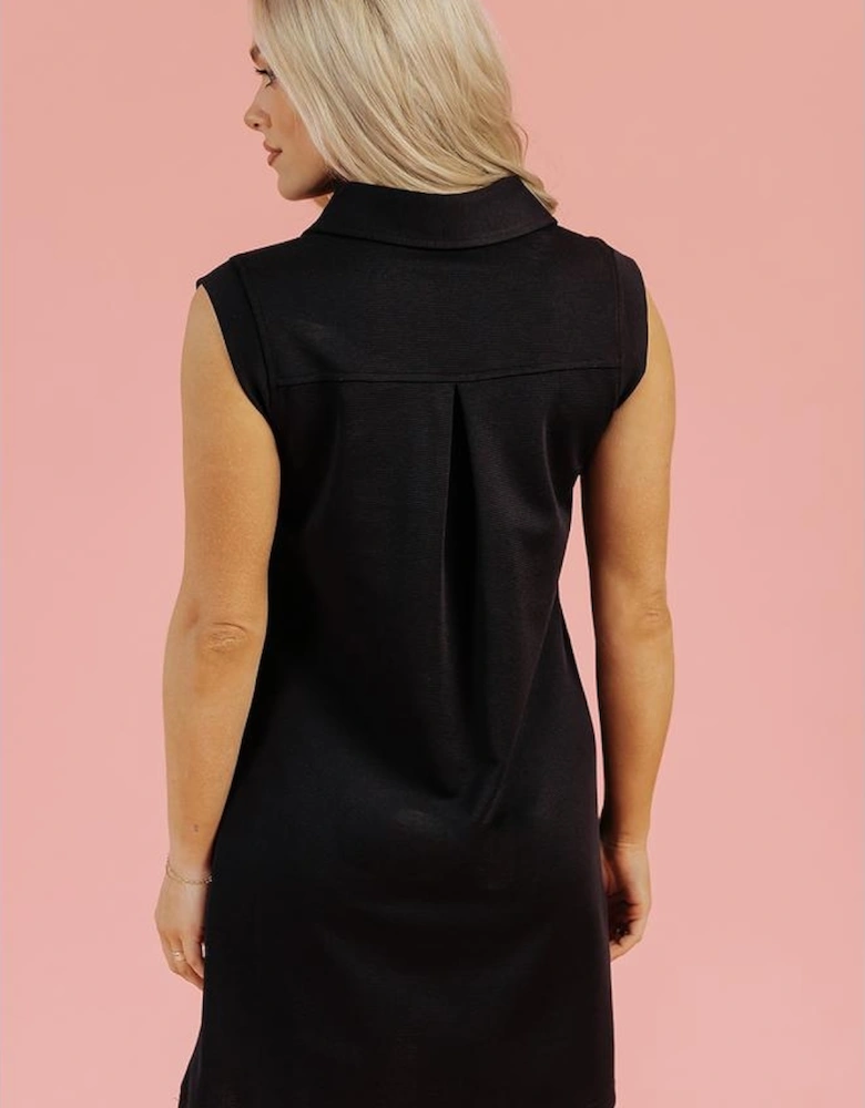 Black Sequin Patched V Neck Collared Mini Dress