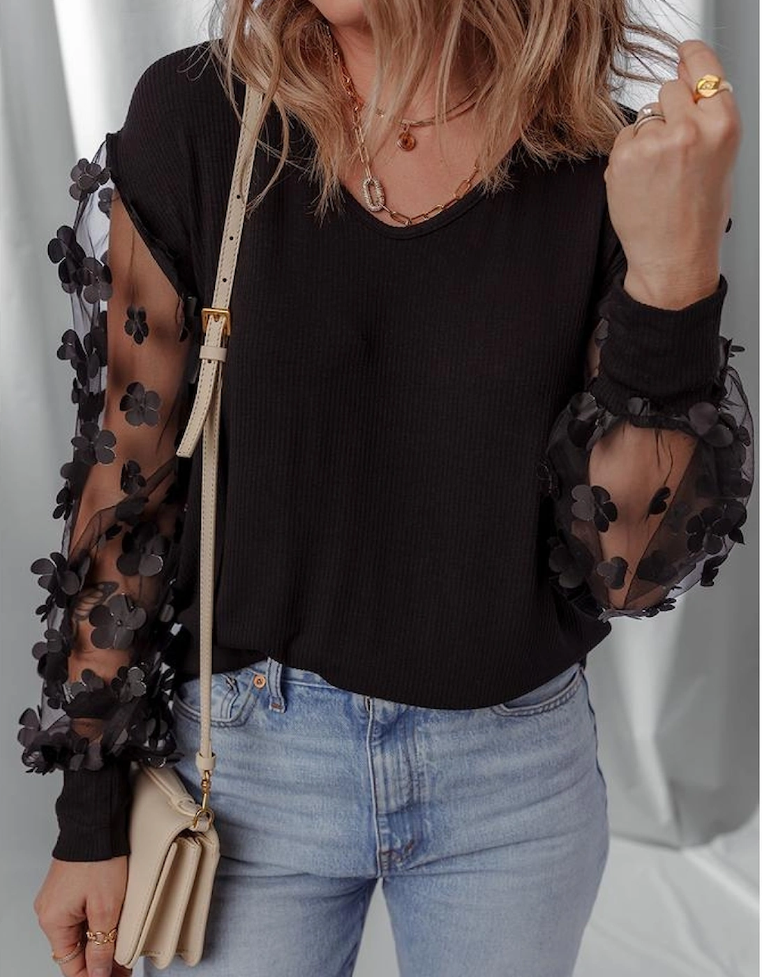 Black Flower Applique Mesh Long Sleeve V Neck Blouse