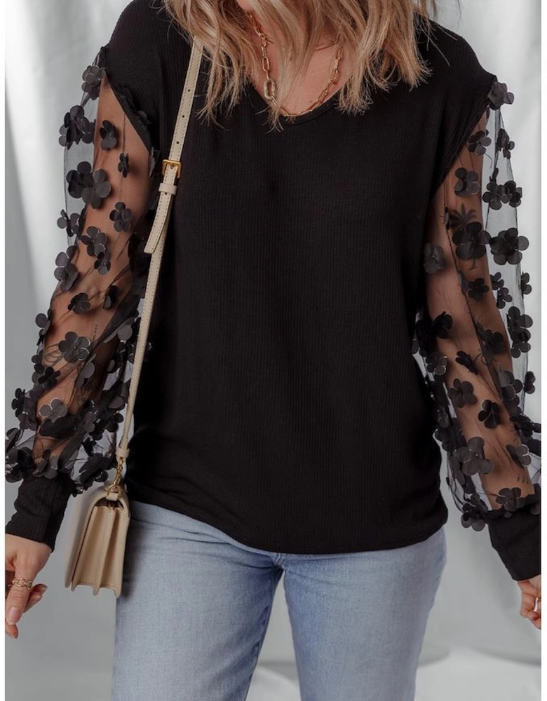 Black Flower Applique Mesh Long Sleeve V Neck Blouse
