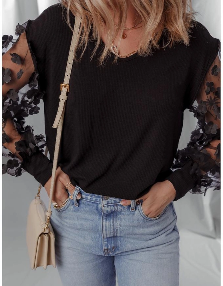 Black Flower Applique Mesh Long Sleeve V Neck Blouse