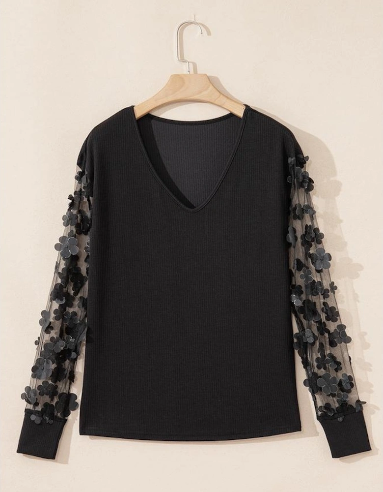 Black Flower Applique Mesh Long Sleeve V Neck Blouse
