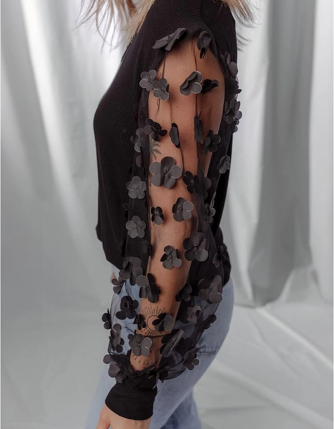 Black Flower Applique Mesh Long Sleeve V Neck Blouse