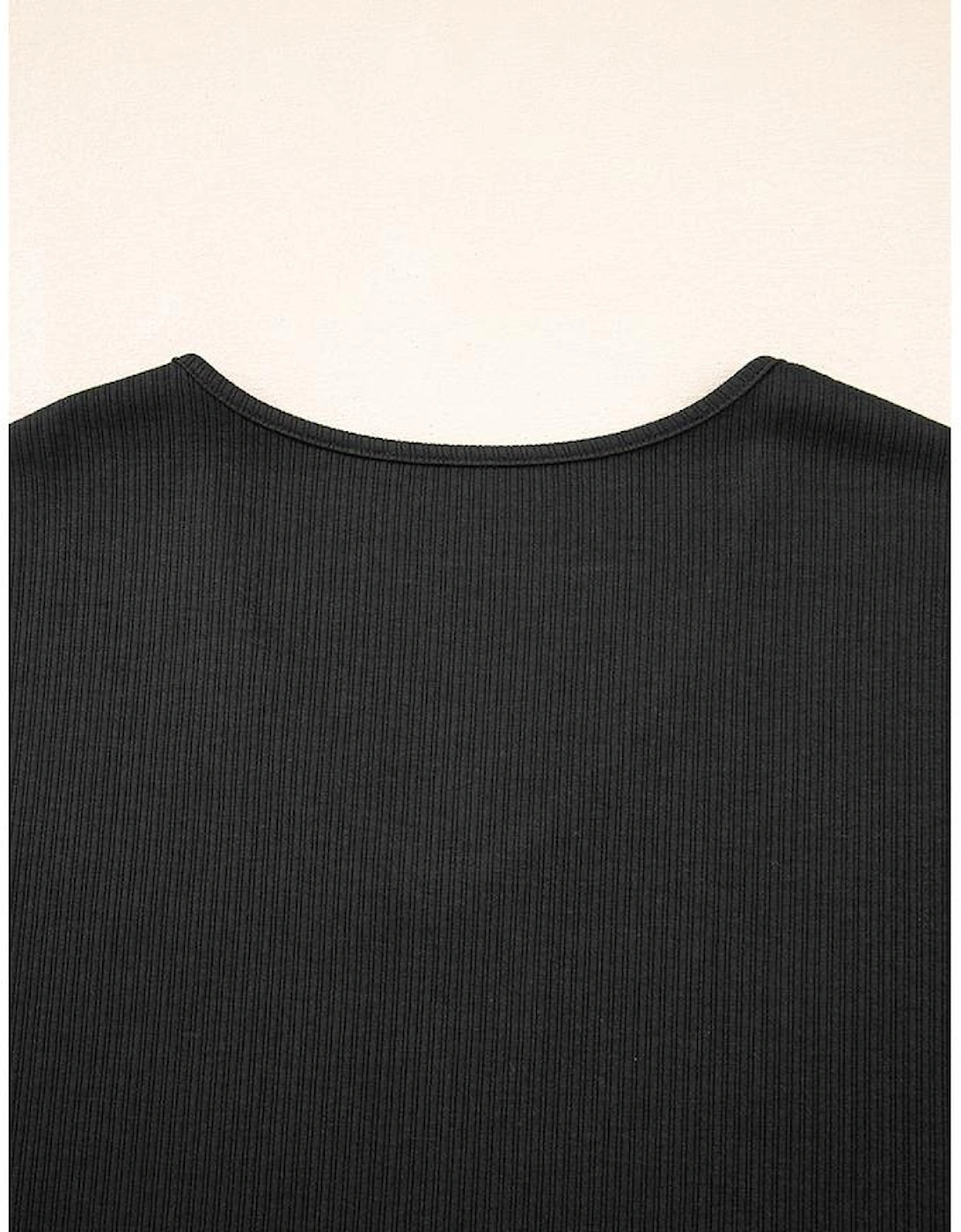 Black Flower Applique Mesh Long Sleeve V Neck Blouse