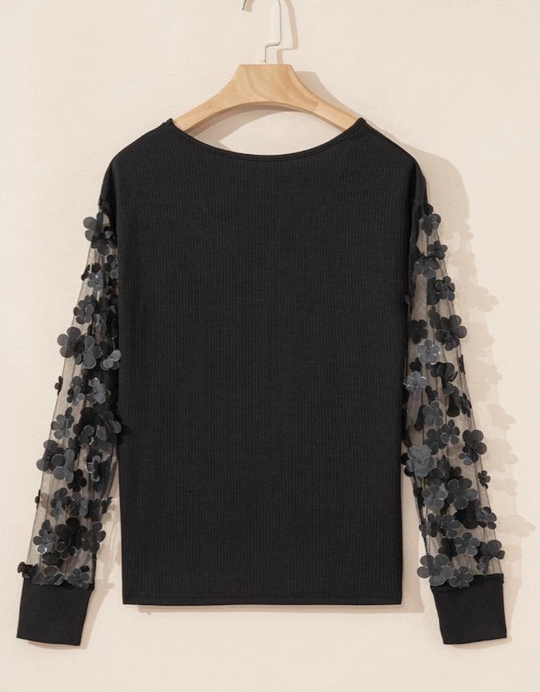 Black Flower Applique Mesh Long Sleeve V Neck Blouse
