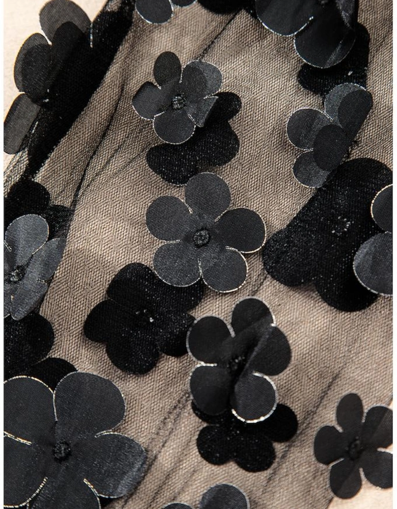 Black Flower Applique Mesh Long Sleeve V Neck Blouse