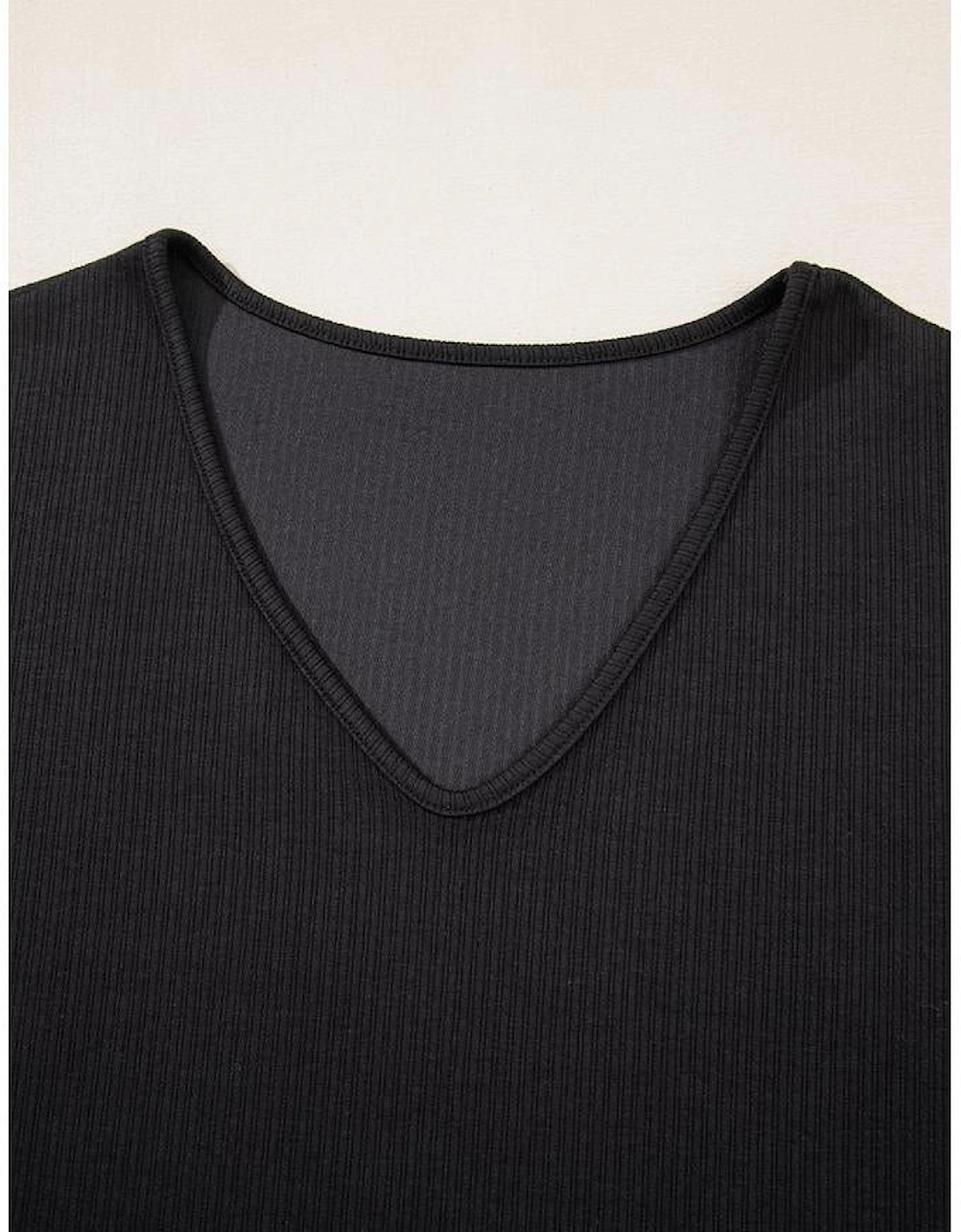 Black Flower Applique Mesh Long Sleeve V Neck Blouse