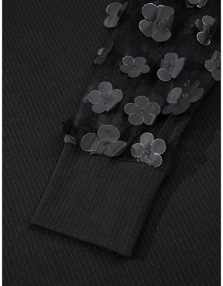 Black Flower Applique Mesh Long Sleeve V Neck Blouse