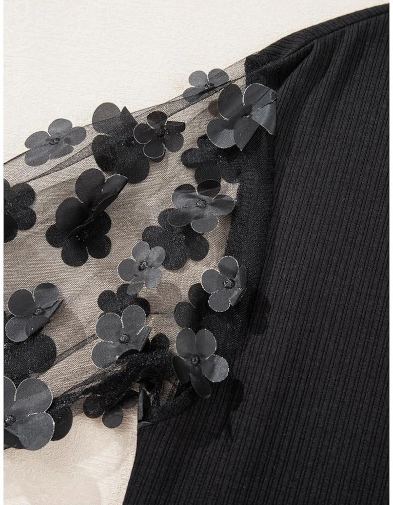 Black Flower Applique Mesh Long Sleeve V Neck Blouse