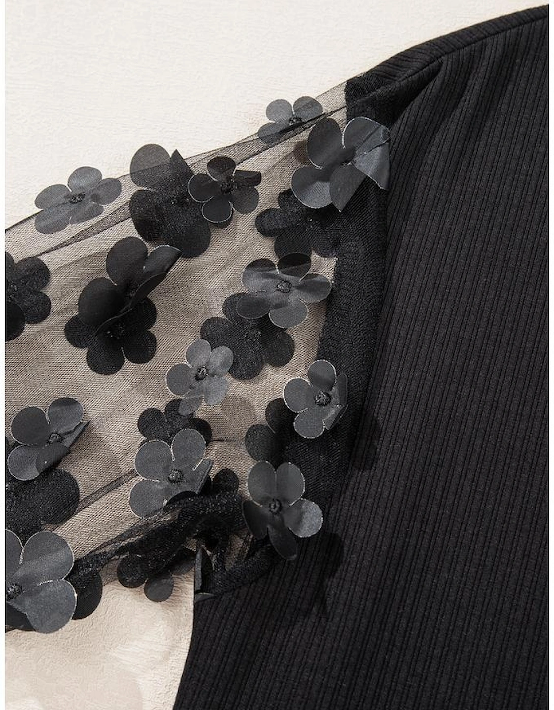 Black Flower Applique Mesh Long Sleeve V Neck Blouse