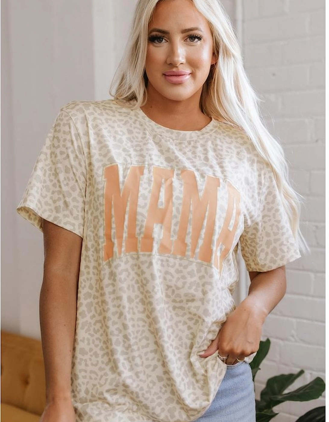 Yellow MAMA Letter Graphic Leopard Loose Tee