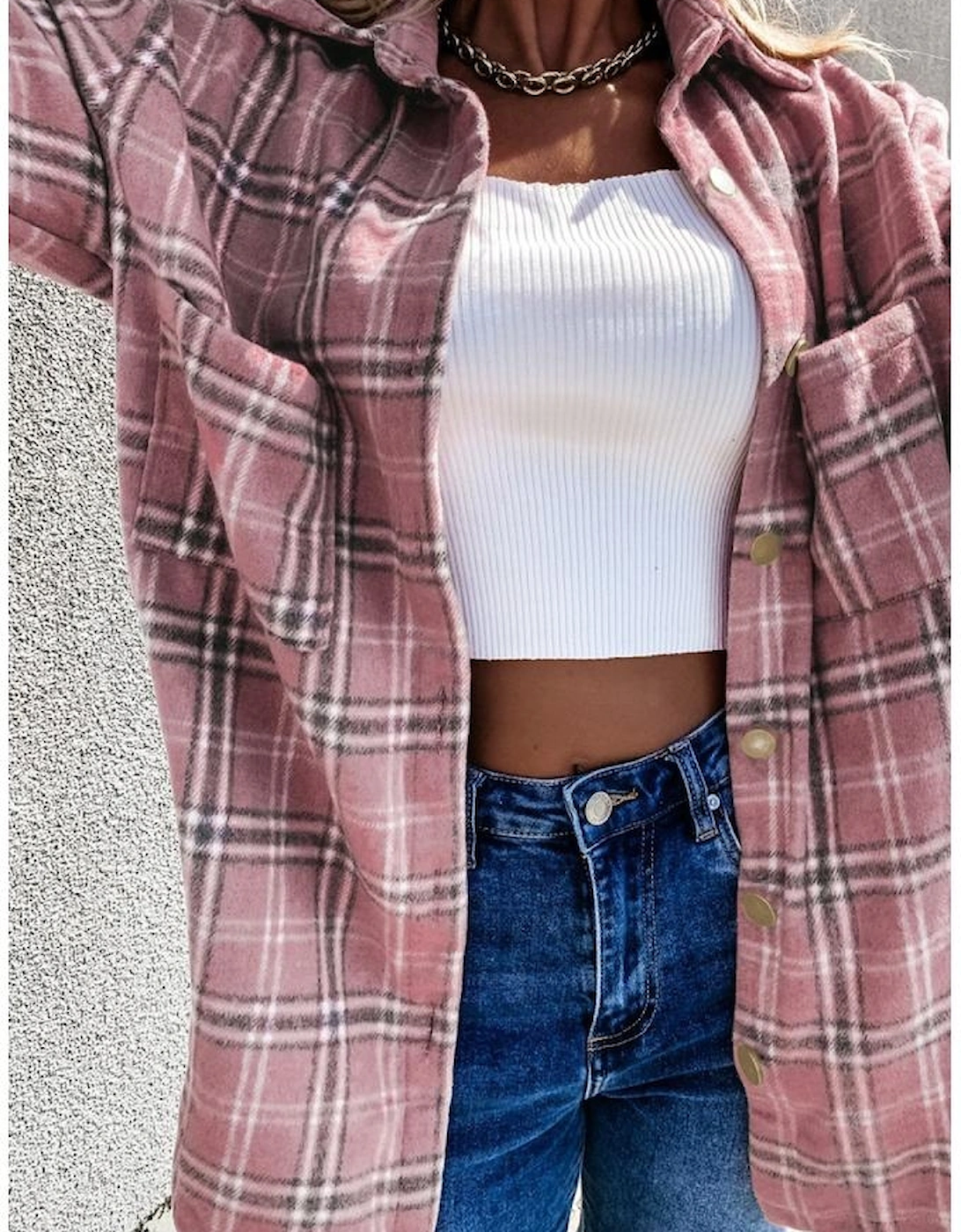 Pink Plaid Pattern Buttoned Shirt Coat with Slits, 16 of 15