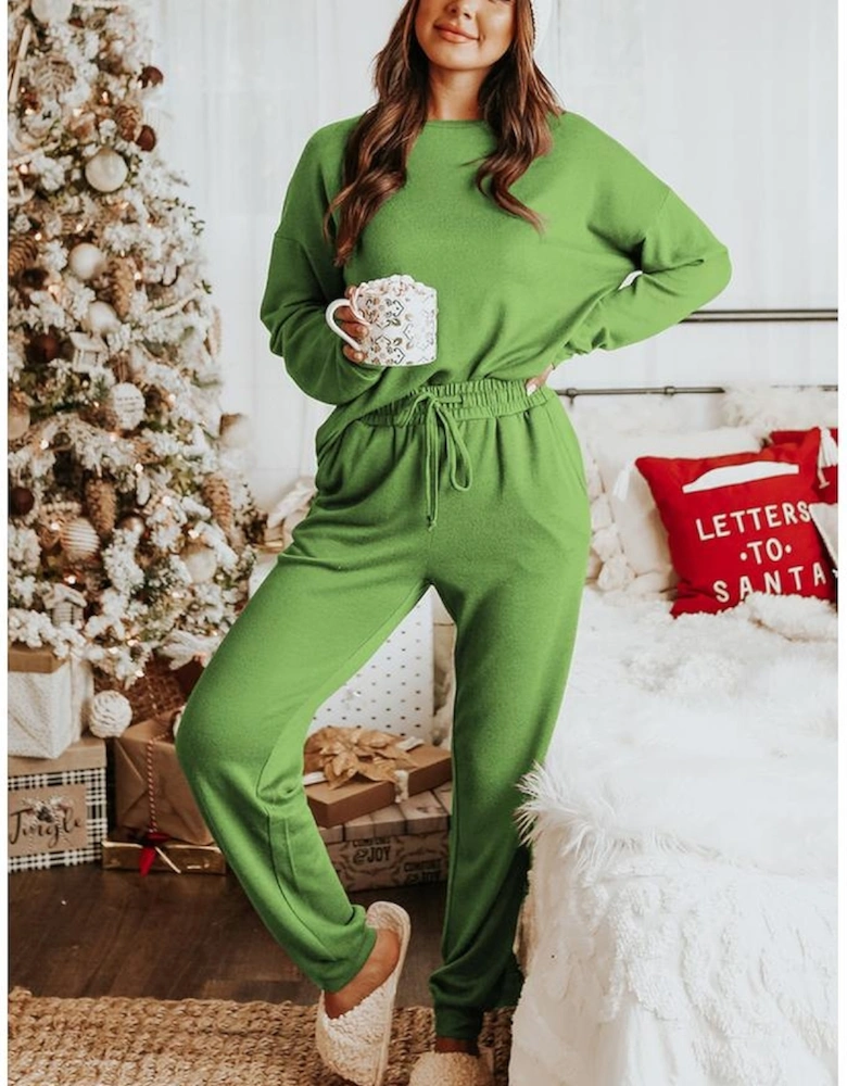 Spinach Green Long Sleeve Pullover and Jogger Pants Lounge Set