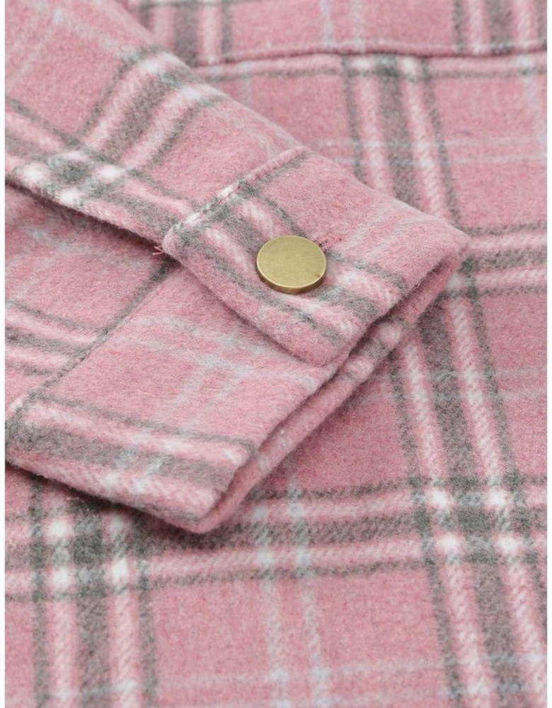 Pink Plaid Pattern Buttoned Shirt Coat with Slits