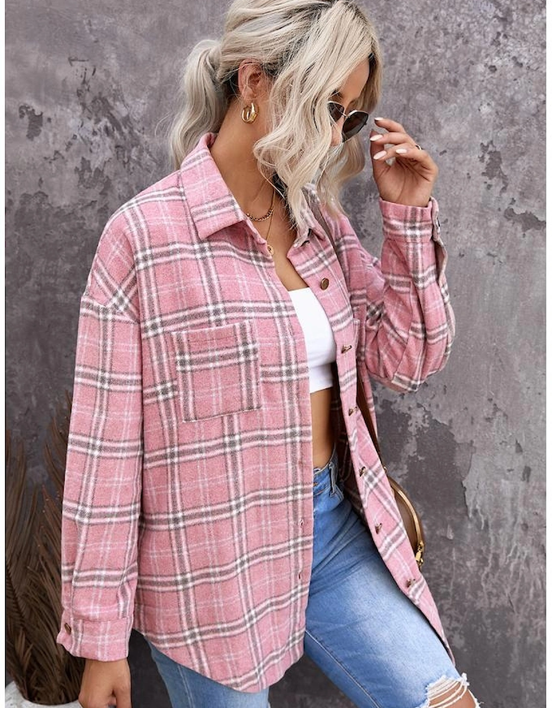 Pink Plaid Pattern Buttoned Shirt Coat with Slits