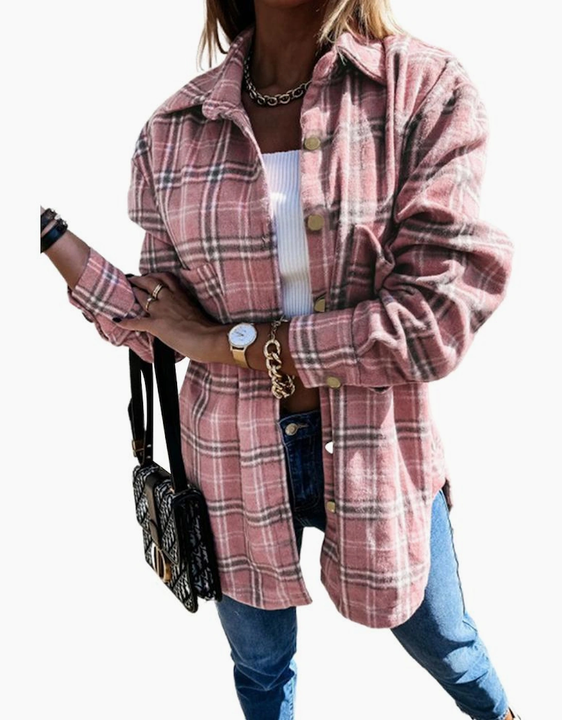 Pink Plaid Pattern Buttoned Shirt Coat with Slits